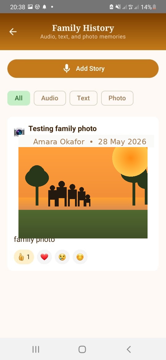 Family History screen showing audio, text and photo story formats with emoji reactions