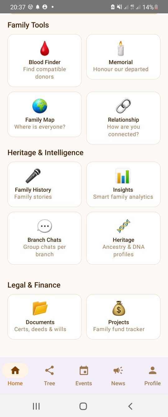 Home screen showing all sections: Family Tools, Heritage & Intelligence, and Legal & Finance